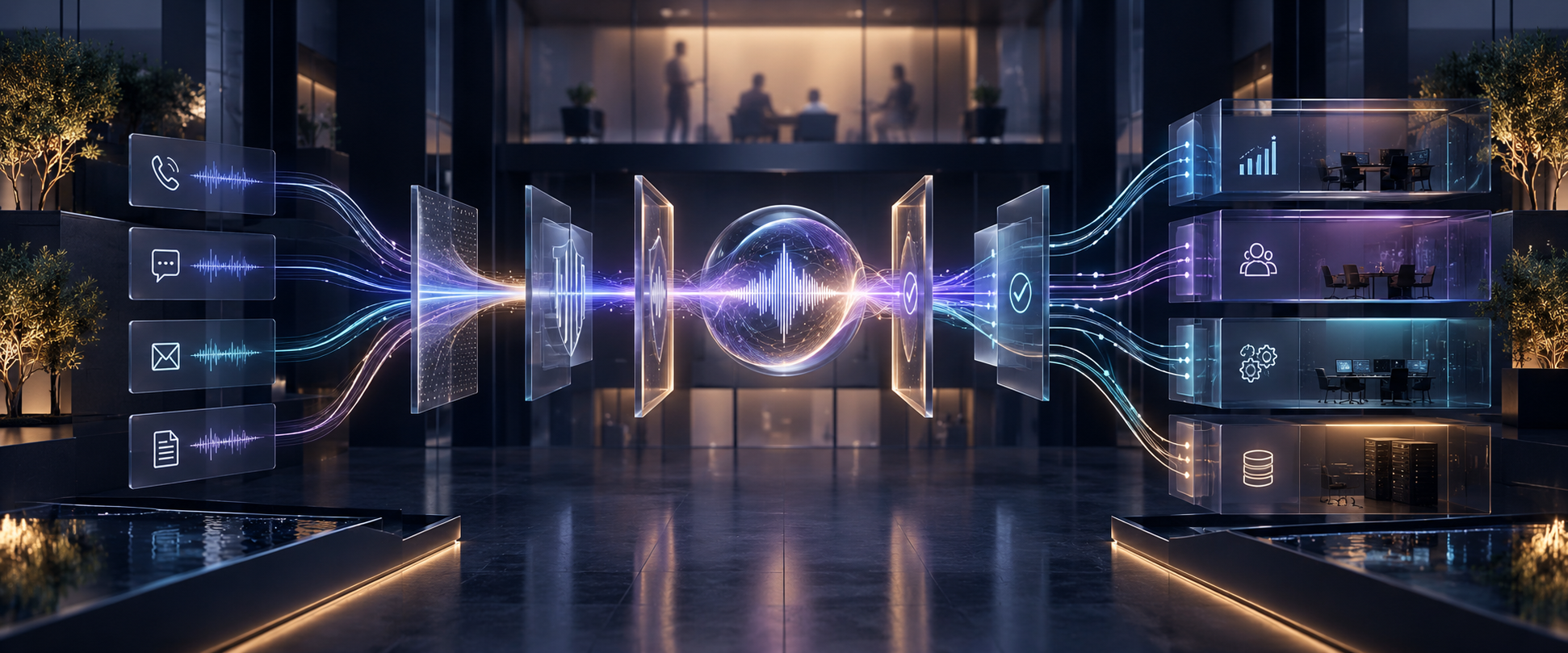 Abstract enterprise voice AI system with control checkpoints and business workflows